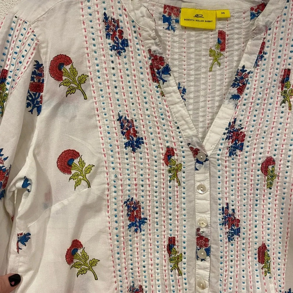 Roberta Roller Rabbit White Tunic 3/4 Sleeve Sequins Floral 100% Cotton Size XS - Picture 3 of 4